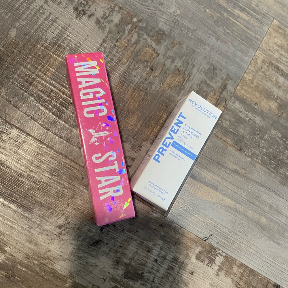 Magic Star Pink Box liquid concealer and Revolution overnight buffering lotion